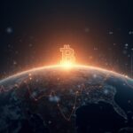 Bitcoin and the S&P 500 converge toward a shared horizon, with digital nodes reflecting greater correlation.