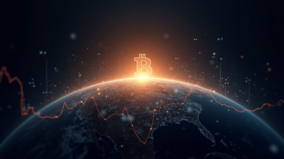 Bitcoin and the S&P 500 converge toward a shared horizon, with digital nodes reflecting greater correlation.