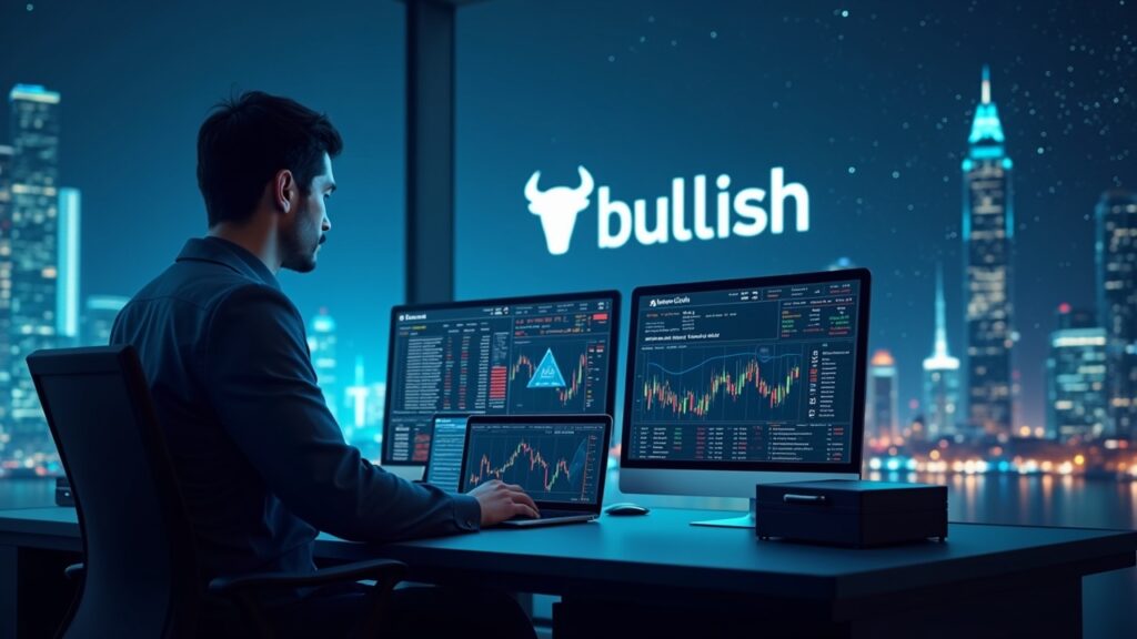 Institutional trader at a high-tech trading desk, crypto tickers, Bullish logo and New York skyline.