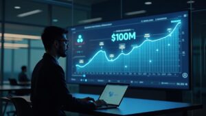 Professional writer in front of a holographic screen showing a $100M buyback and shining SOL in a crypto treasury.