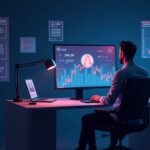 Crypto analyst at a modern desk; high CAKE hype and low engagement, LunarCrush metrics and regulatory signals.