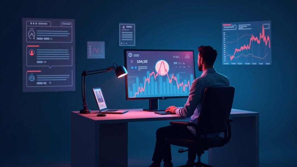Crypto analyst at a modern desk; high CAKE hype and low engagement, LunarCrush metrics and regulatory signals.