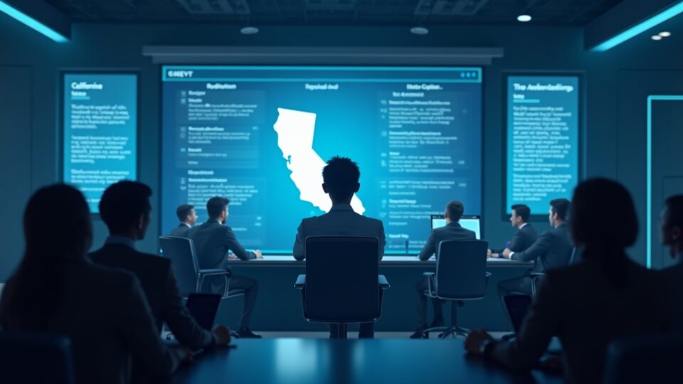 Photorealistic newsroom scene: central AI avatar, silhouette of California and regulatory documents.