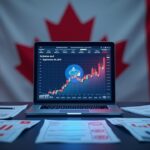 Photorealistic header: cryptocurrency exchange terminal, Canadian flag, AML/KYC documents and a red fine stamp.