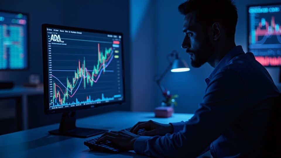 Photorealistic trader in front of a monitor with the ADA logo and a chart showing double death cross EMA12/EMA50, red arrows, neon blue lighting.