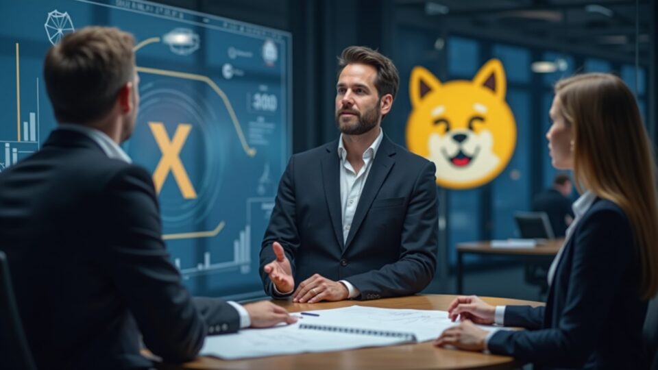 Cardano founder presents a Doge 2.0 blueprint in a sleek newsroom; Dogecoin in foreground, muted X logo in background.