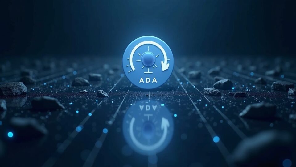 Cardano emblem in the center, scene split between rising inflows and whale pressure, price near 0,70 USD.