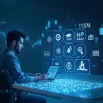 Analyst at a desk with a Cardano ledger showing 115M transactions, Leios and Hydra icons and a downward chart
