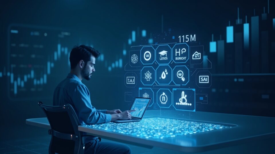 Analyst at a desk with a Cardano ledger showing 115M transactions, Leios and Hydra icons and a downward chart