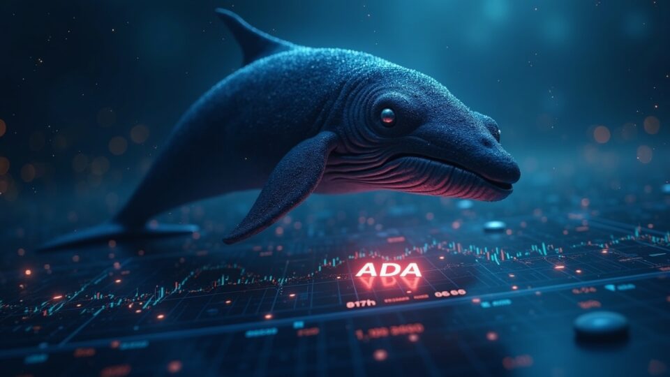 Cryptocurrency whale in front of the illuminated Cardano logo, trading screen with a chart falling to $0.60.