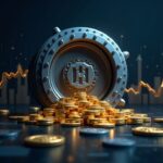 Central bank vault with gold and silver bars, blockchain overlay and a rising price chart.