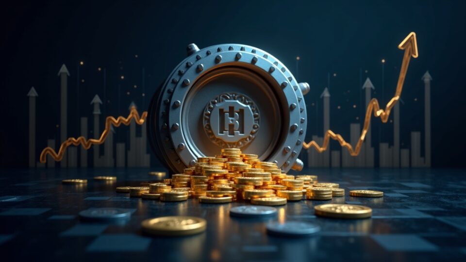 Central bank vault with gold and silver bars, blockchain overlay and a rising price chart.