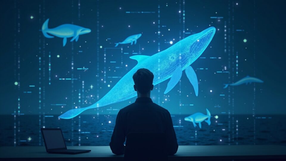 Trader observing holographic chart of LINK, whales in the background and blockchain nodes glowing, indicating accumulation.