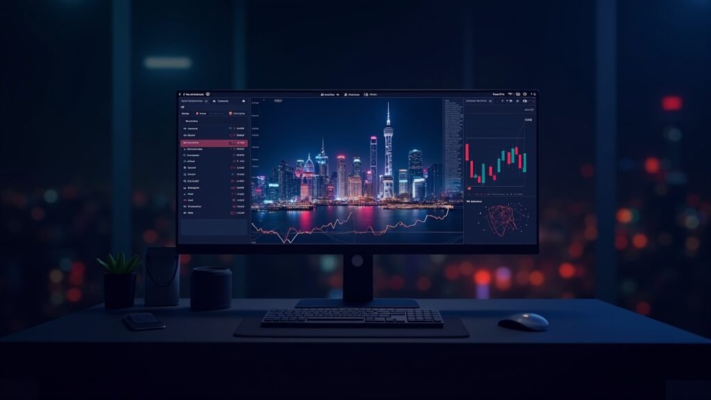 Photorealistic trading desk with a Chinese budget AI UI showing crypto charts, neon Shanghai skyline, and decentralization symbols.