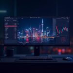Photorealistic trading desk with a Chinese budget AI UI showing crypto charts, neon Shanghai skyline, and decentralization symbols.