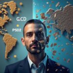 Circle executive in the center, background split between MiCA and PSD2, EMT tokens floating to illustrate the EU regulatory clash.