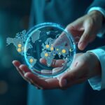 Fintech executive in a modern hub, USDC and EURC flowing on a 24/7 network with a MiCA map and blockchain.