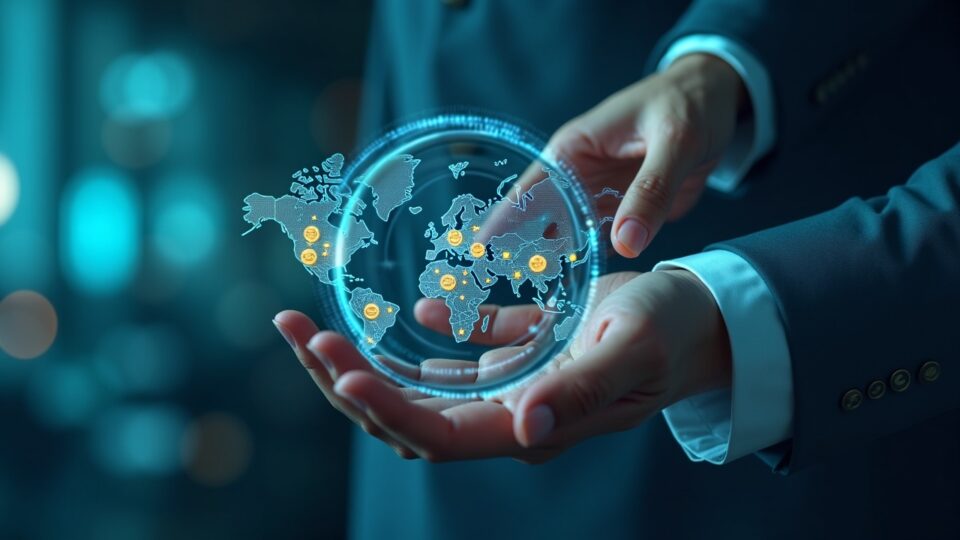 Fintech executive in a modern hub, USDC and EURC flowing on a 24/7 network with a MiCA map and blockchain.