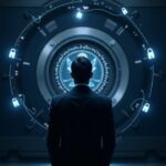 Bank executive in front of a futuristic crypto custody vault, glowing private keys and regulatory holograms.