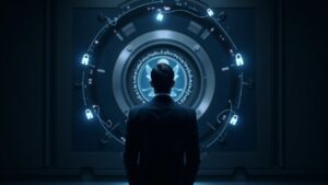 Bank executive in front of a futuristic crypto custody vault, glowing private keys and regulatory holograms.
