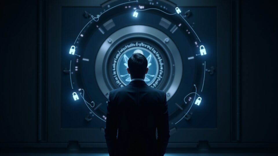 Bank executive in front of a futuristic crypto custody vault, glowing private keys and regulatory holograms.