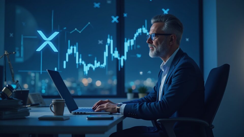 Photorealistic scene: Ripple co-founder at a modern desk, XRP on the rise, cash outflow and regulator icons.