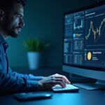 Financial professional observes a holographic panel with BTC as collateral, USDC loans and DeFi logos Morpho cbBTC.