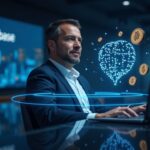 Photorealistic portrait of a Coinbase executive in a newsroom, with stablecoins around the BVNK logo and a neon liquidity map.