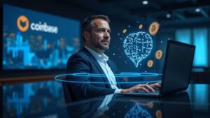 Photorealistic portrait of a Coinbase executive in a newsroom, with stablecoins around the BVNK logo and a neon liquidity map.