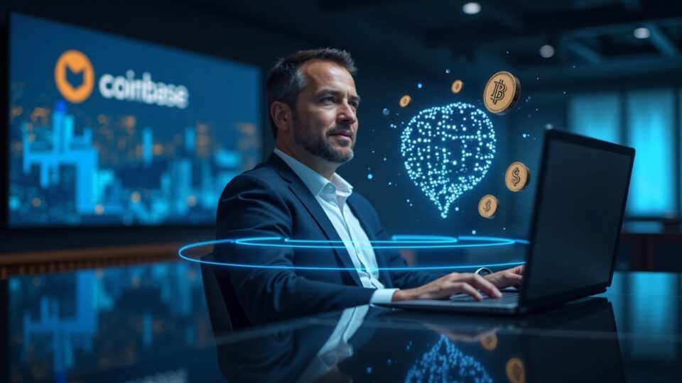 Photorealistic portrait of a Coinbase executive in a newsroom, with stablecoins around the BVNK logo and a neon liquidity map.