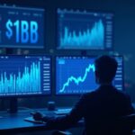 Trader in a newsroom, screens with an upward-trending chart to $1B and the Coinbase logo in the background.
