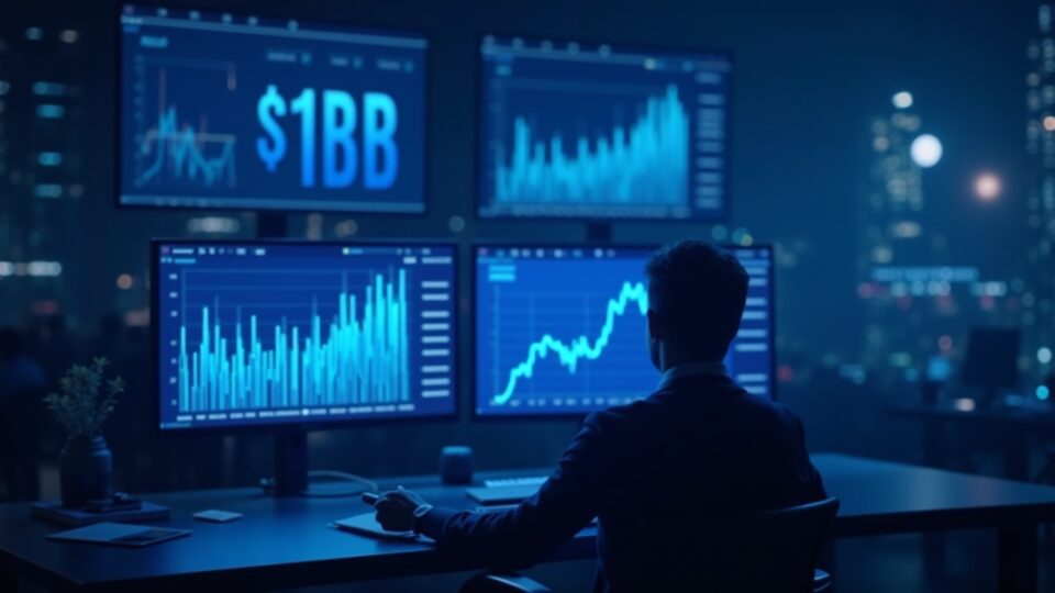 Trader in a newsroom, screens with an upward-trending chart to $1B and the Coinbase logo in the background.