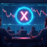 Trader in the foreground watches a hologram of XPL falling and a neon liquidity chart in a newsroom.