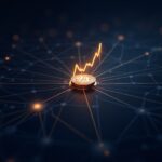 Photorealistic scene of blockchain nodes connected by bright lines converging on a coin, ascending chart and 19.8B.