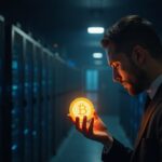 Compliance officer in front of a glowing stable token, with server racks and a blockchain network in the background.