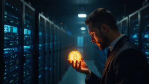 Compliance officer in front of a glowing stable token, with server racks and a blockchain network in the background.
