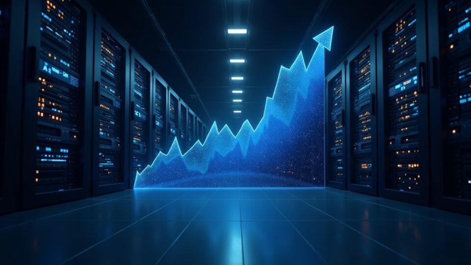 Futuristic data center: GPU racks morph from Bitcoin mining rigs to AI HPC servers, with a rising market chart.