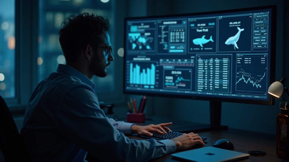 Crypto analyst reviews a token unlocks ticker, a clock showing September 2025 and whales, indicating risk.