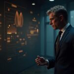 Crypto executive in suit, illuminated donation, tense newsroom and regulatory signs that evoke controversy over transparency