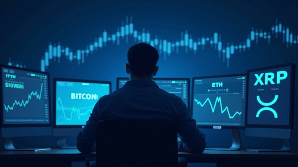 Crypto trader in the foreground before screens showing declines in BTC, ETH and XRP; four-year cycle chart and ETF logos.