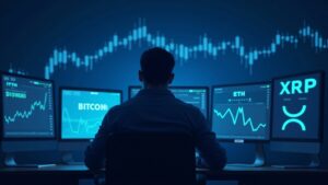 Crypto trader in the foreground before screens showing declines in BTC, ETH and XRP; four-year cycle chart and ETF logos.