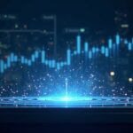 Trading desk with holographic screens and AI nodes on blockchain, Bitcoin and Ethereum rising.