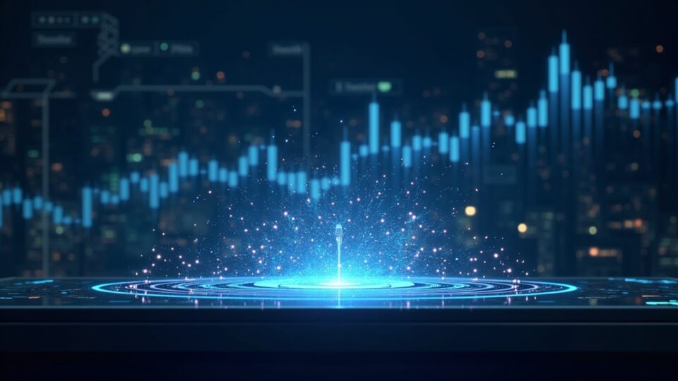 Trading desk with holographic screens and AI nodes on blockchain, Bitcoin and Ethereum rising.