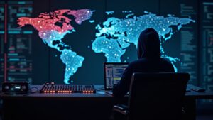 photorealistic hacker in front of a glowing console, world map with North Korea and crypto flows via bridges and mixers.