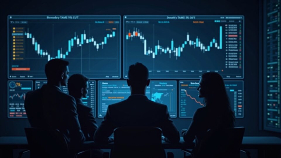 Scene in a newsroom with a digital board showing BTC and ETH, institutional investors and a Fed rate-cut symbol.