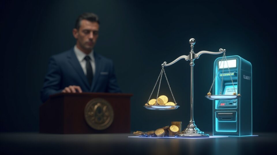State prosecutor at a podium, illuminated crypto ATM and holographic scale with CLARITY and GENIUS alongside digital coins.