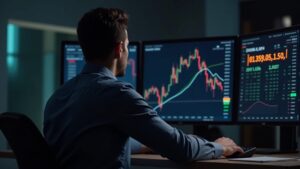 Cryptocurrency trader in front of a screen with Bitcoin and CPI data, ahead of the U.S. inflation report.