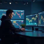 Crypto trader in a news room, screens show Bitcoin movements and U.S. and China symbols.