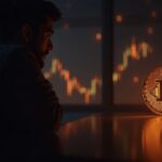 Silhouette of CZ beside a glowing BNB token in a crypto newsroom, with DeFi networks and streams of data