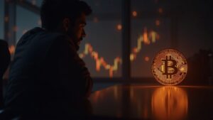 Silhouette of CZ beside a glowing BNB token in a crypto newsroom, with DeFi networks and streams of data